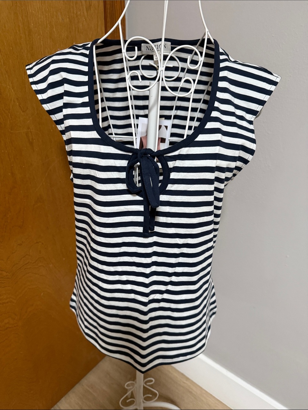 Nautica Navy & White Striped Tie-Front Cap Sleeve Top
